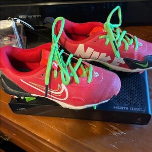 Nike Red and Black Sneakers with Neon Green Laces